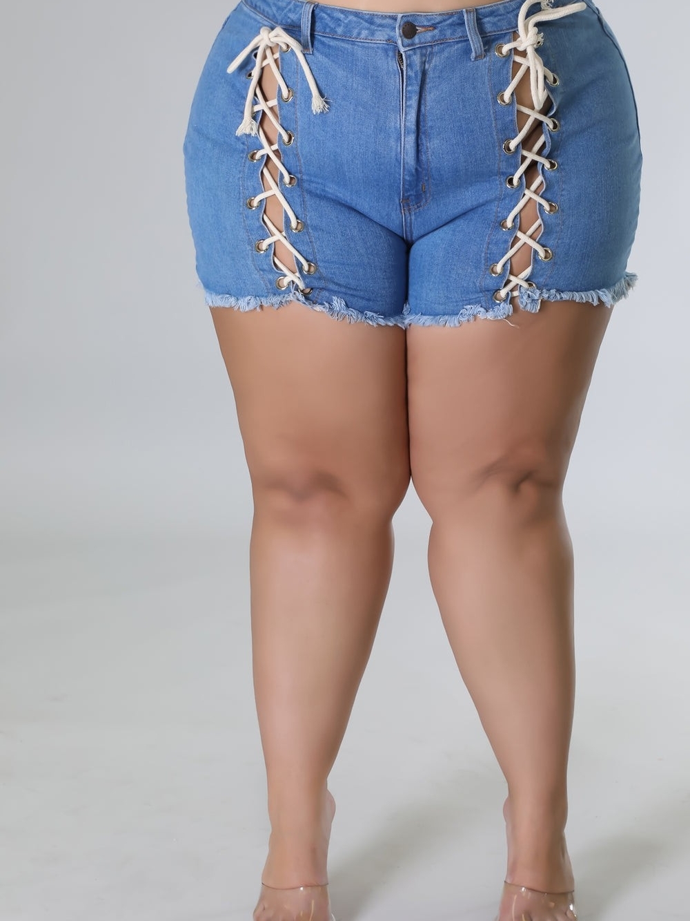 Plus Size Lace-Up Denim Shorts - Blue